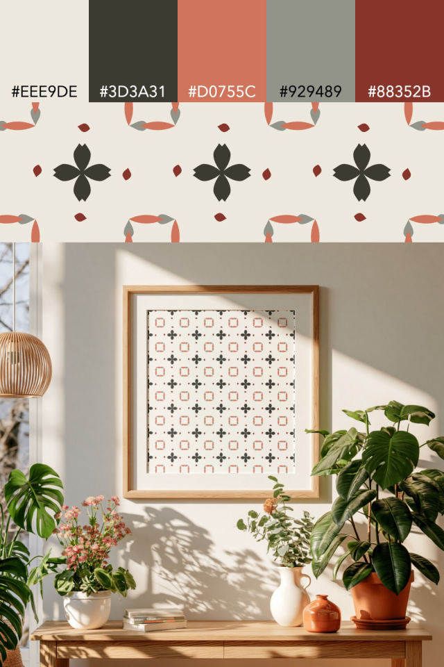 the colors one earthy-fall tile is drawn in, with their hex codes, and the tile printed on a frame