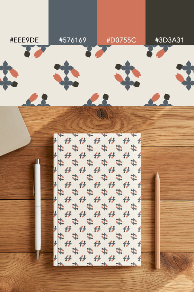 the colors one earthy-fall tile is drawn in, with their hex codes, and the tile printed on a notebook