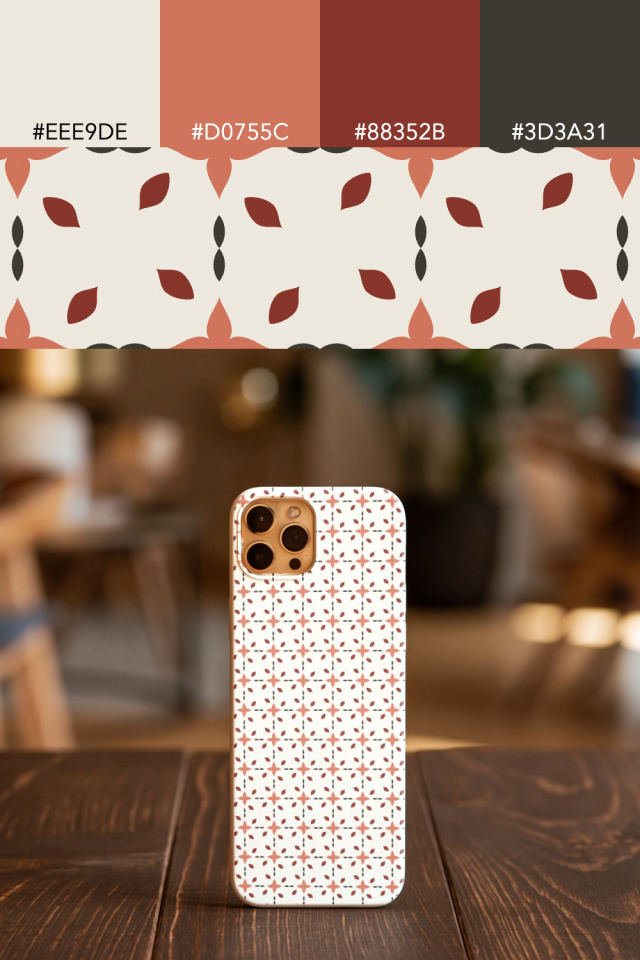 the colors one earthy-fall tile is drawn in, with their hex codes, and the tile printed on a phone case