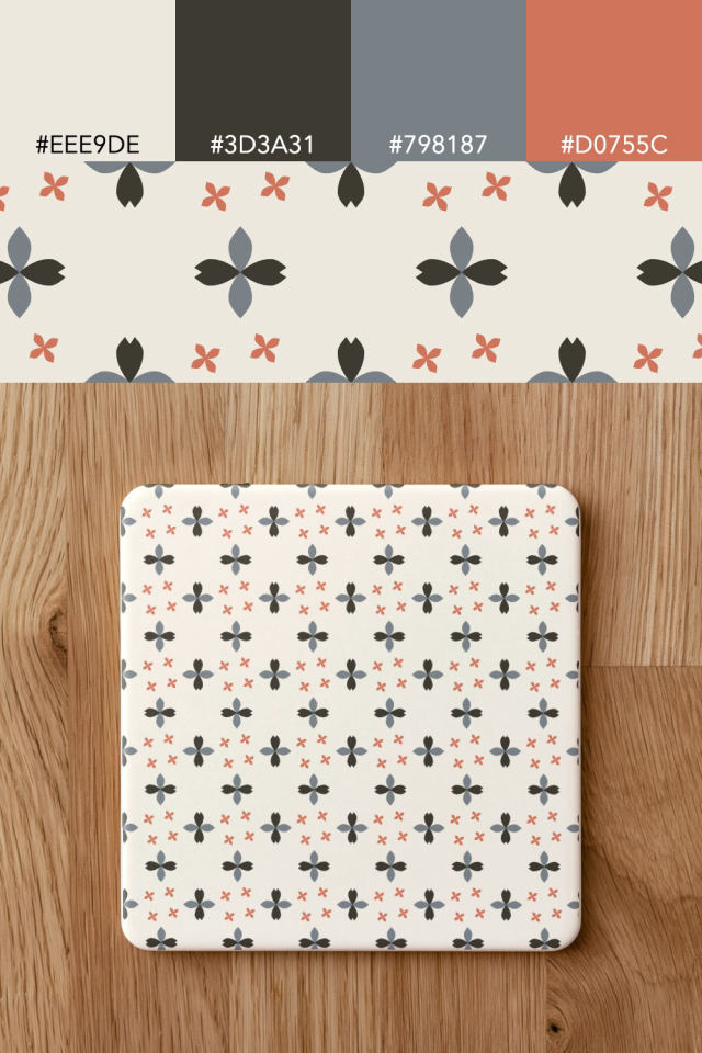 the colors one earthy-fall tile is drawn in, with their hex codes, and the tile printed on a coaster