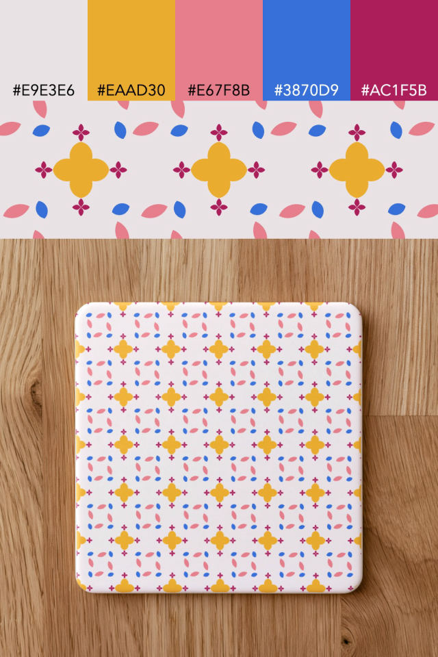 the colors one raspberry-sun tile is drawn in, with their hex codes, and the tile printed on a coaster