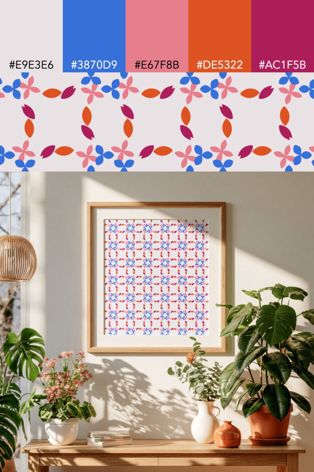 the colors one raspberry-sun tile is drawn in, with their hex codes, and the tile printed on a frame