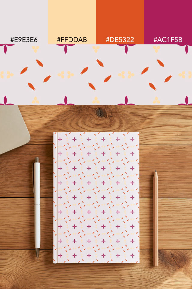 the colors one raspberry-sun tile is drawn in, with their hex codes, and the tile printed on a notebook