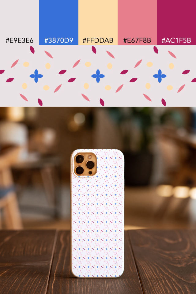 the colors one raspberry-sun tile is drawn in, with their hex codes, and the tile printed on a phone case