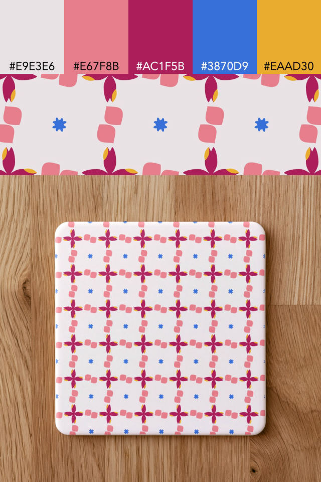 the colors one raspberry-sun tile is drawn in, with their hex codes, and the tile printed on a coaster