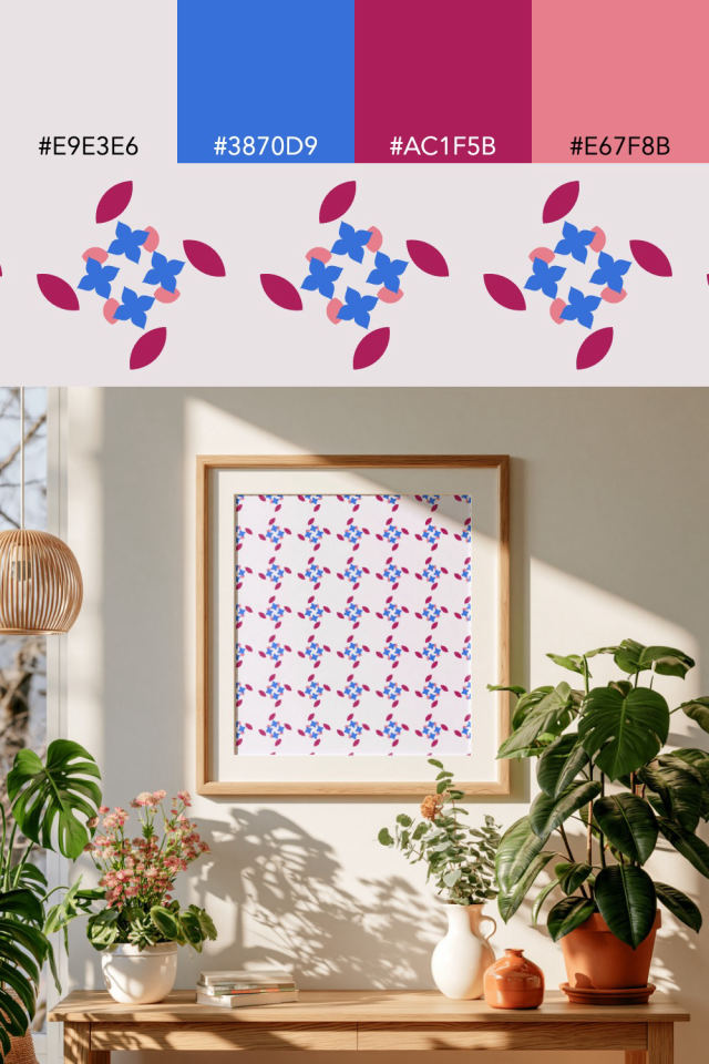 the colors one raspberry-sun tile is drawn in, with their hex codes, and the tile printed on a frame
