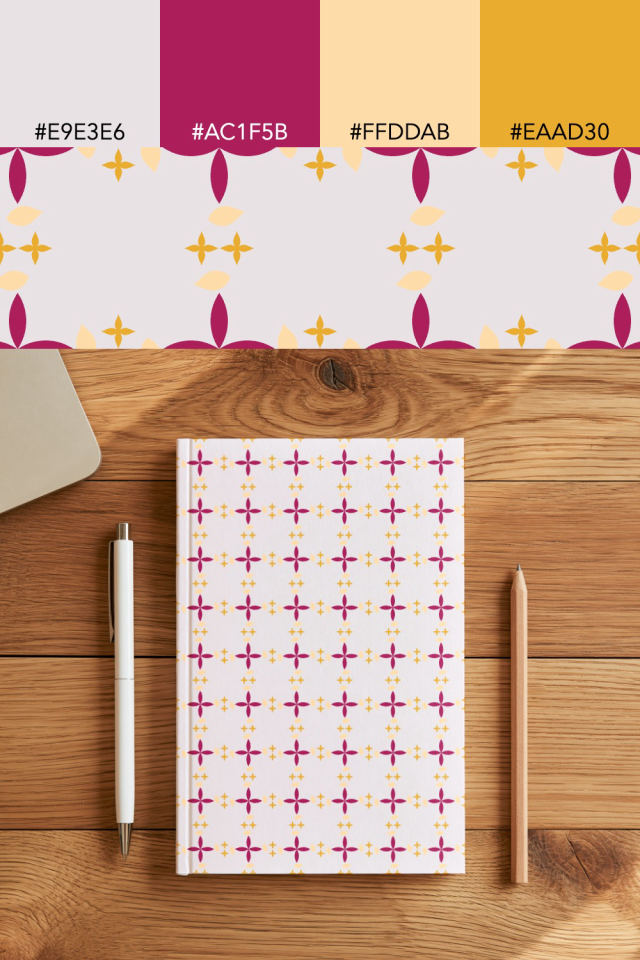 the colors one raspberry-sun tile is drawn in, with their hex codes, and the tile printed on a notebook