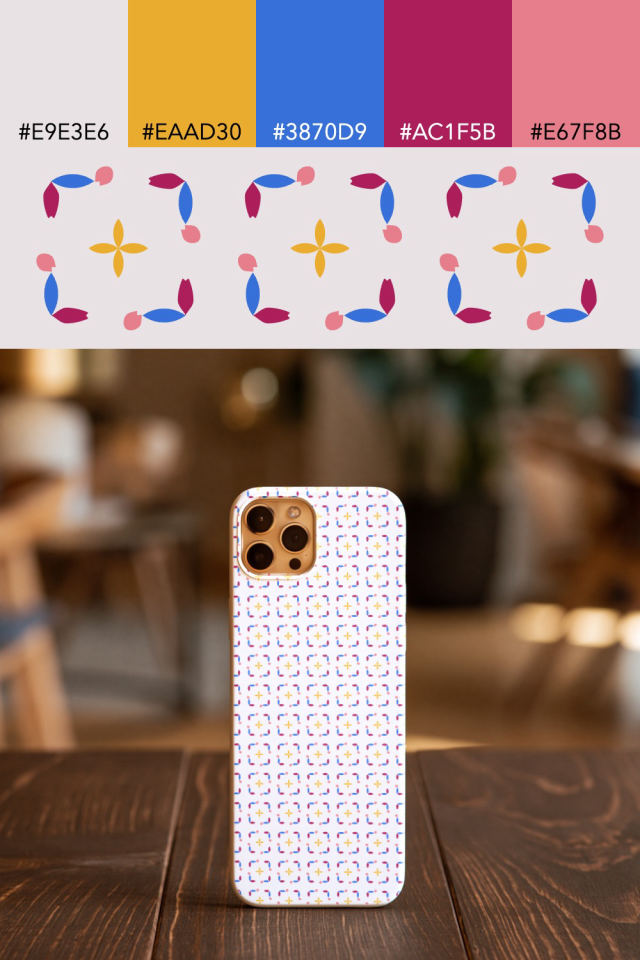 the colors one raspberry-sun tile is drawn in, with their hex codes, and the tile printed on a phone case