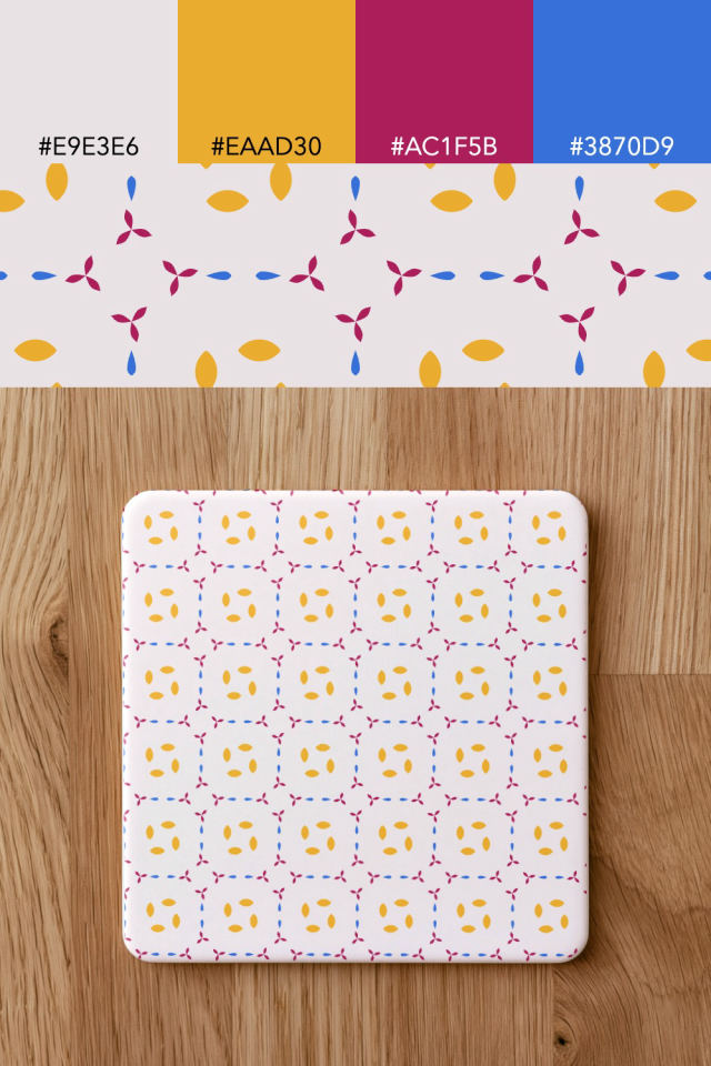 the colors one raspberry-sun tile is drawn in, with their hex codes, and the tile printed on a coaster