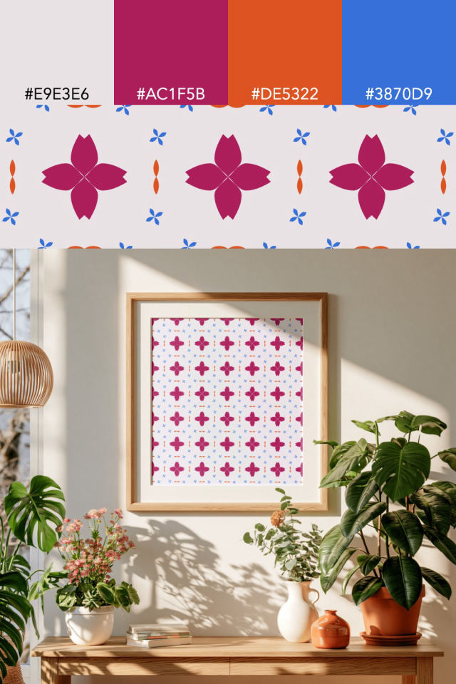 the colors one raspberry-sun tile is drawn in, with their hex codes, and the tile printed on a frame