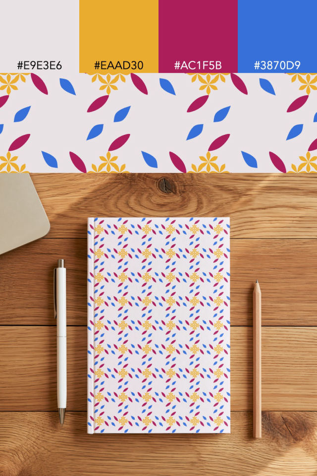 the colors one raspberry-sun tile is drawn in, with their hex codes, and the tile printed on a notebook