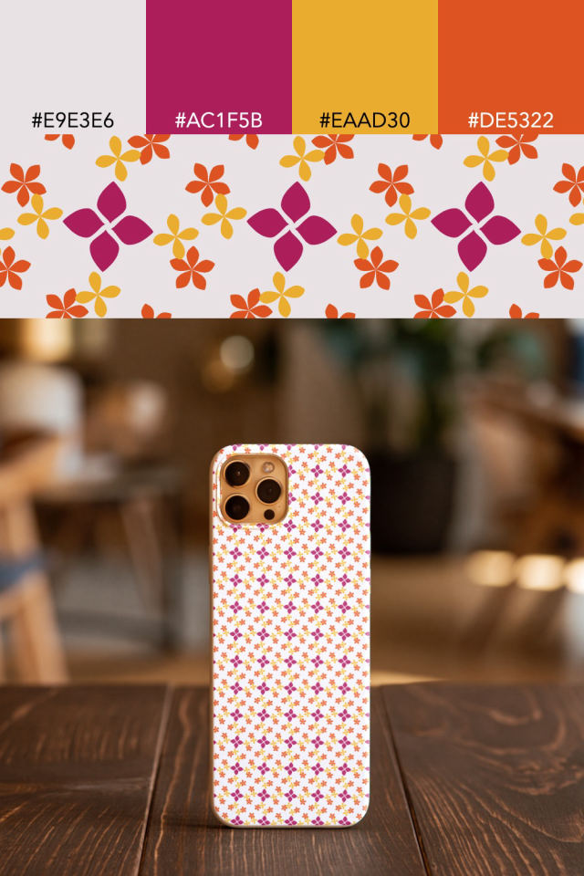 the colors one raspberry-sun tile is drawn in, with their hex codes, and the tile printed on a phone case