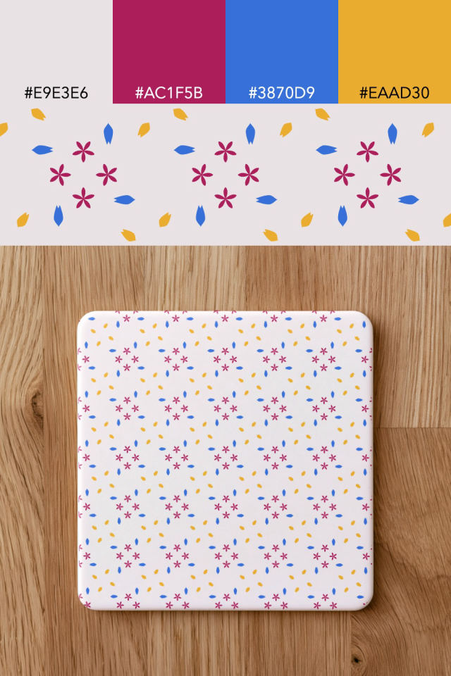 the colors one raspberry-sun tile is drawn in, with their hex codes, and the tile printed on a coaster