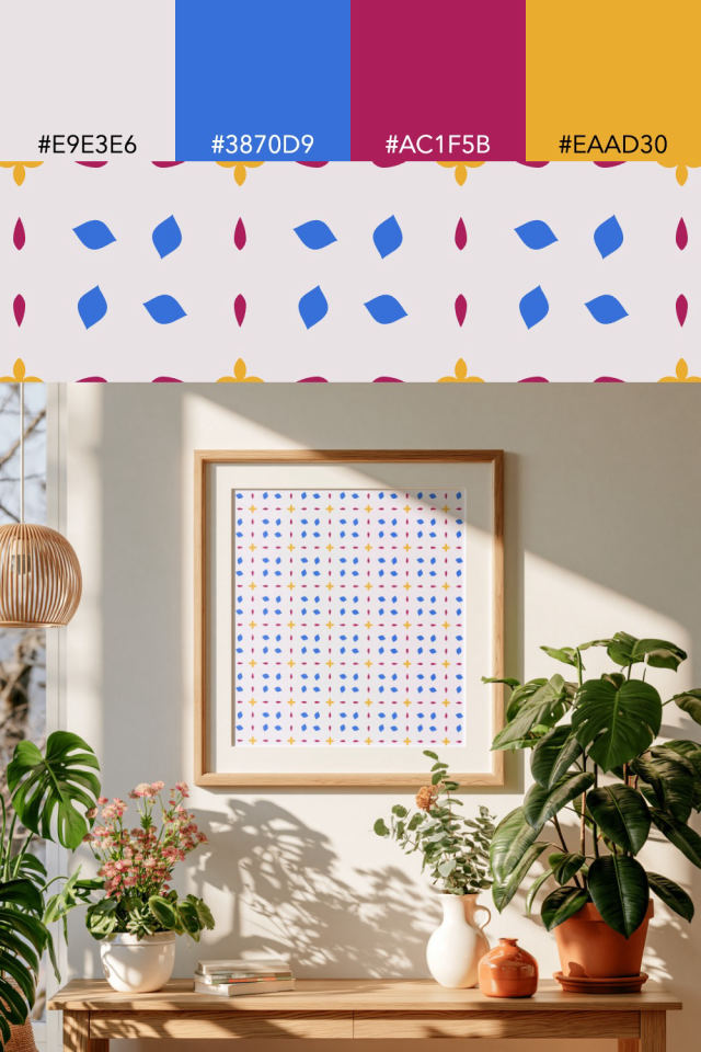 the colors one raspberry-sun tile is drawn in, with their hex codes, and the tile printed on a frame