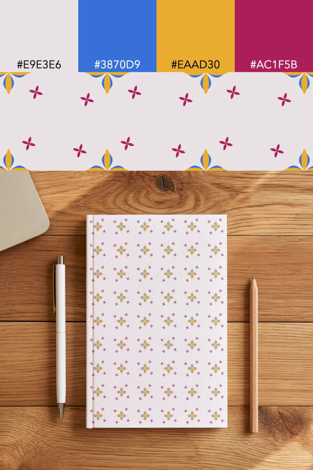 the colors one raspberry-sun tile is drawn in, with their hex codes, and the tile printed on a notebook