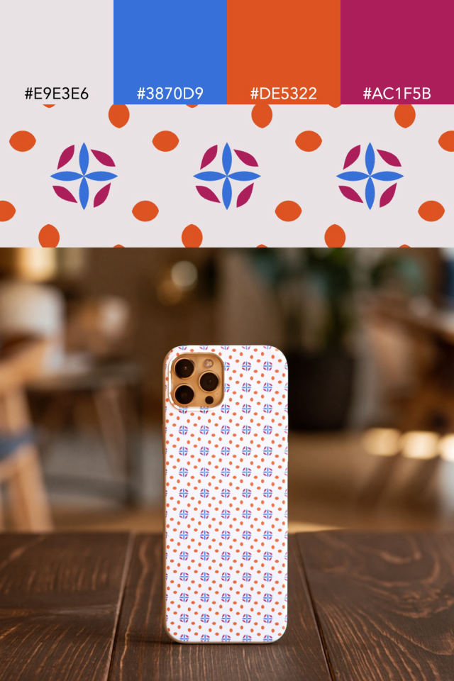 the colors one raspberry-sun tile is drawn in, with their hex codes, and the tile printed on a phone case
