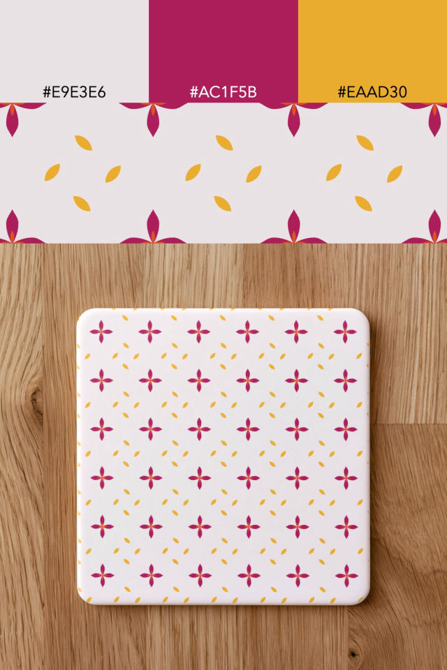 the colors one raspberry-sun tile is drawn in, with their hex codes, and the tile printed on a coaster