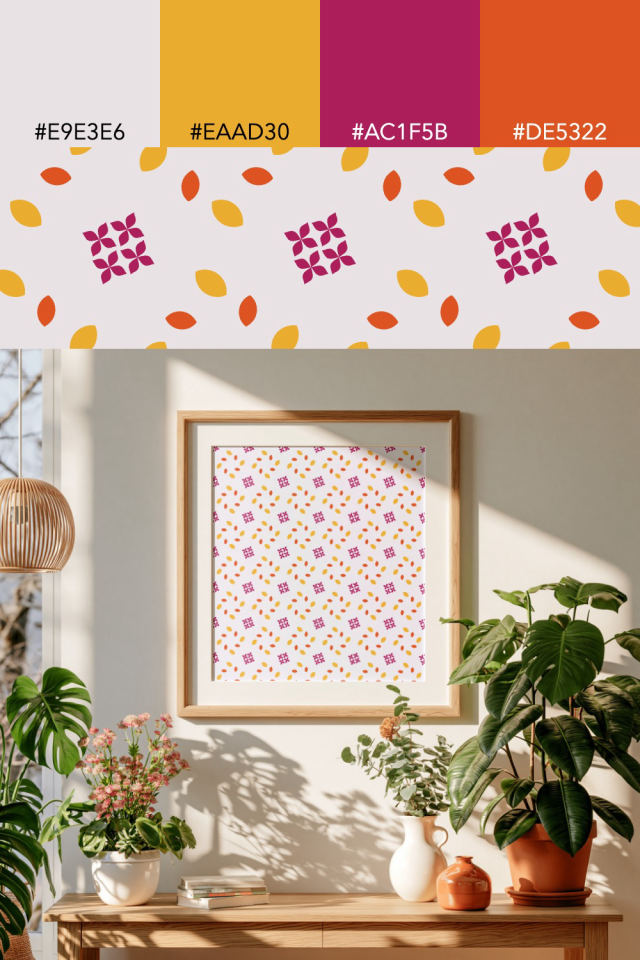 the colors one raspberry-sun tile is drawn in, with their hex codes, and the tile printed on a frame