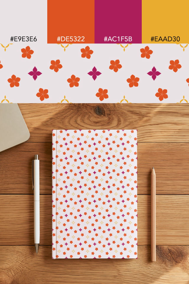 the colors one raspberry-sun tile is drawn in, with their hex codes, and the tile printed on a notebook