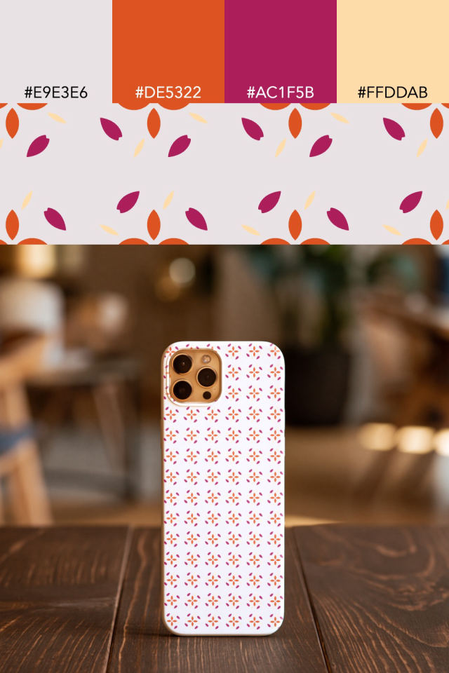 the colors one raspberry-sun tile is drawn in, with their hex codes, and the tile printed on a phone case