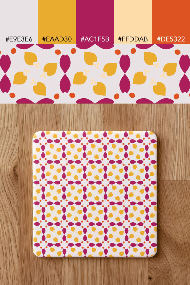 the colors one raspberry-sun tile is drawn in, with their hex codes, and the tile printed on a coaster