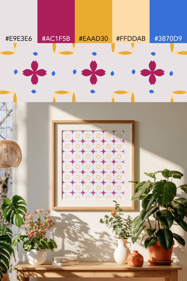 the colors one raspberry-sun tile is drawn in, with their hex codes, and the tile printed on a frame