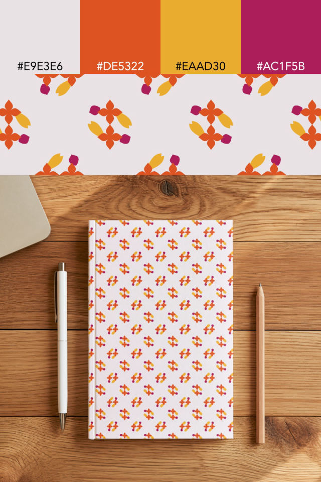 the colors one raspberry-sun tile is drawn in, with their hex codes, and the tile printed on a notebook