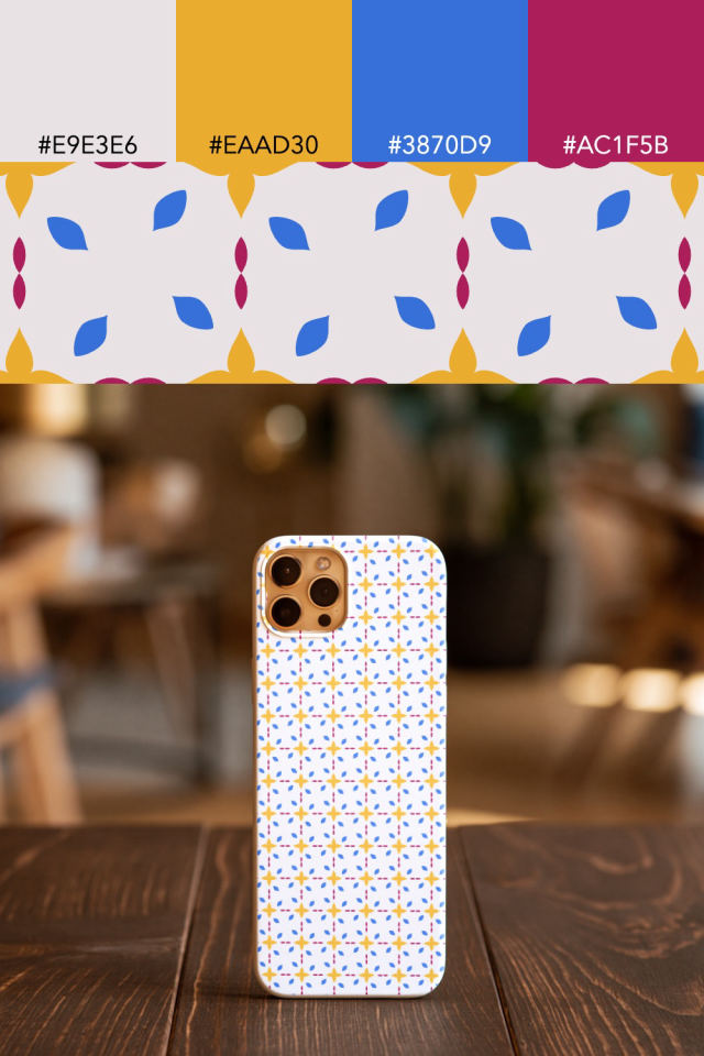 the colors one raspberry-sun tile is drawn in, with their hex codes, and the tile printed on a phone case