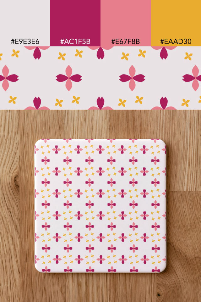 the colors one raspberry-sun tile is drawn in, with their hex codes, and the tile printed on a coaster