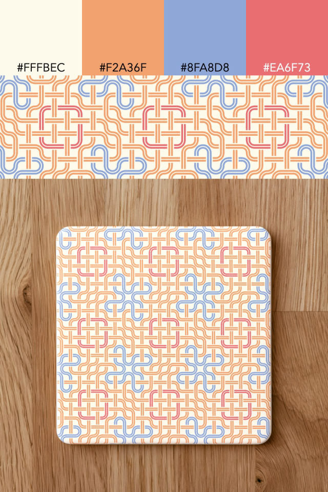 the colors one peachy-rose tile is drawn in, with their hex codes, and the tile printed on a coaster