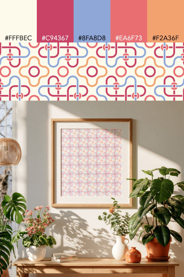 the colors one peachy-rose tile is drawn in, with their hex codes, and the tile printed on a frame