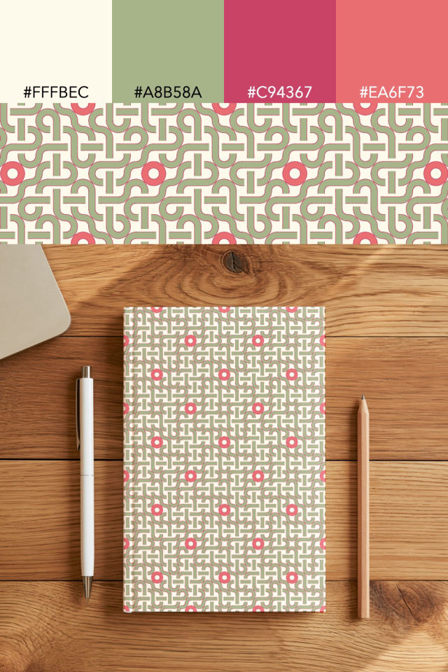 the colors one peachy-rose tile is drawn in, with their hex codes, and the tile printed on a notebook