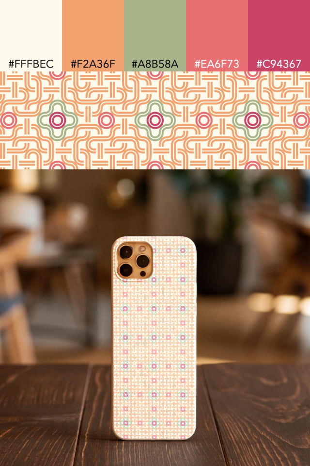 the colors one peachy-rose tile is drawn in, with their hex codes, and the tile printed on a phone case