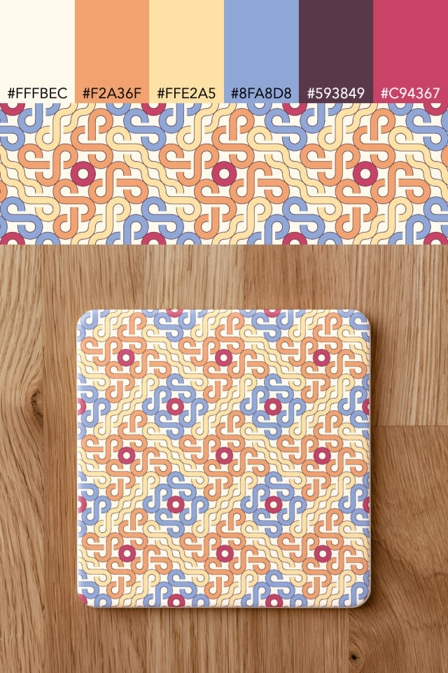 the colors one peachy-rose tile is drawn in, with their hex codes, and the tile printed on a coaster