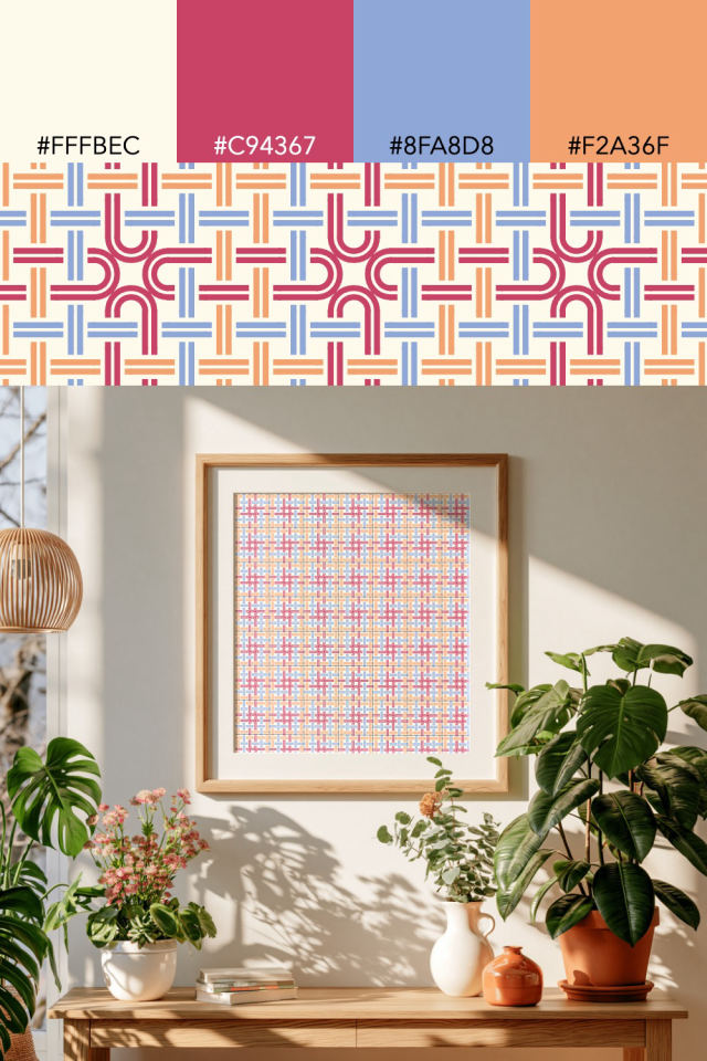 the colors one peachy-rose tile is drawn in, with their hex codes, and the tile printed on a frame