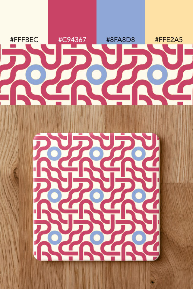 the colors one peachy-rose tile is drawn in, with their hex codes, and the tile printed on a coaster