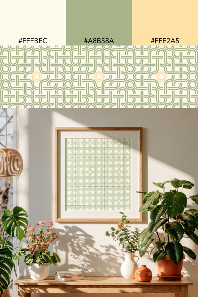 the colors one peachy-rose tile is drawn in, with their hex codes, and the tile printed on a frame