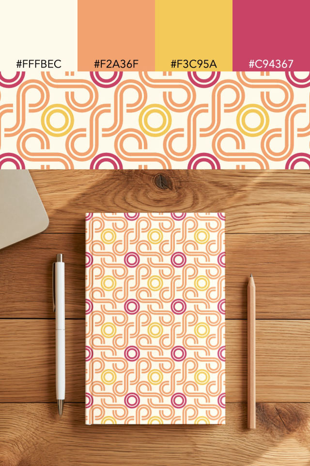 the colors one peachy-rose tile is drawn in, with their hex codes, and the tile printed on a notebook