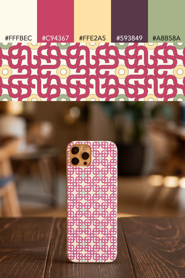 the colors one peachy-rose tile is drawn in, with their hex codes, and the tile printed on a phone case
