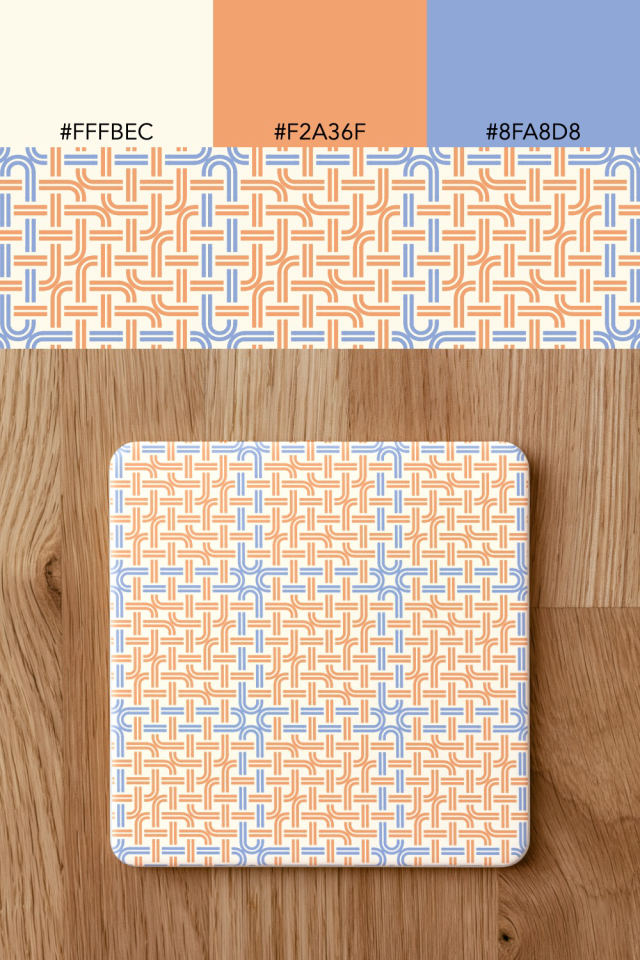the colors one peachy-rose tile is drawn in, with their hex codes, and the tile printed on a coaster