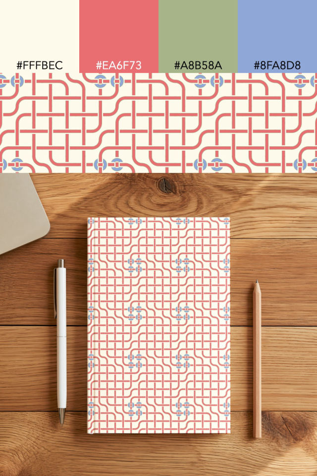 the colors one peachy-rose tile is drawn in, with their hex codes, and the tile printed on a notebook
