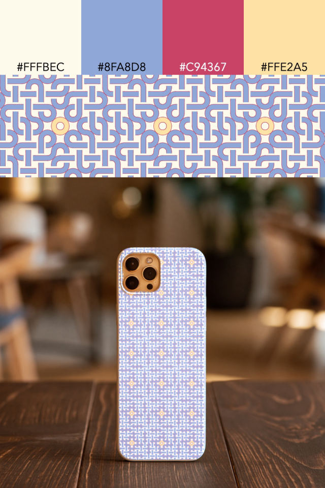 the colors one peachy-rose tile is drawn in, with their hex codes, and the tile printed on a phone case