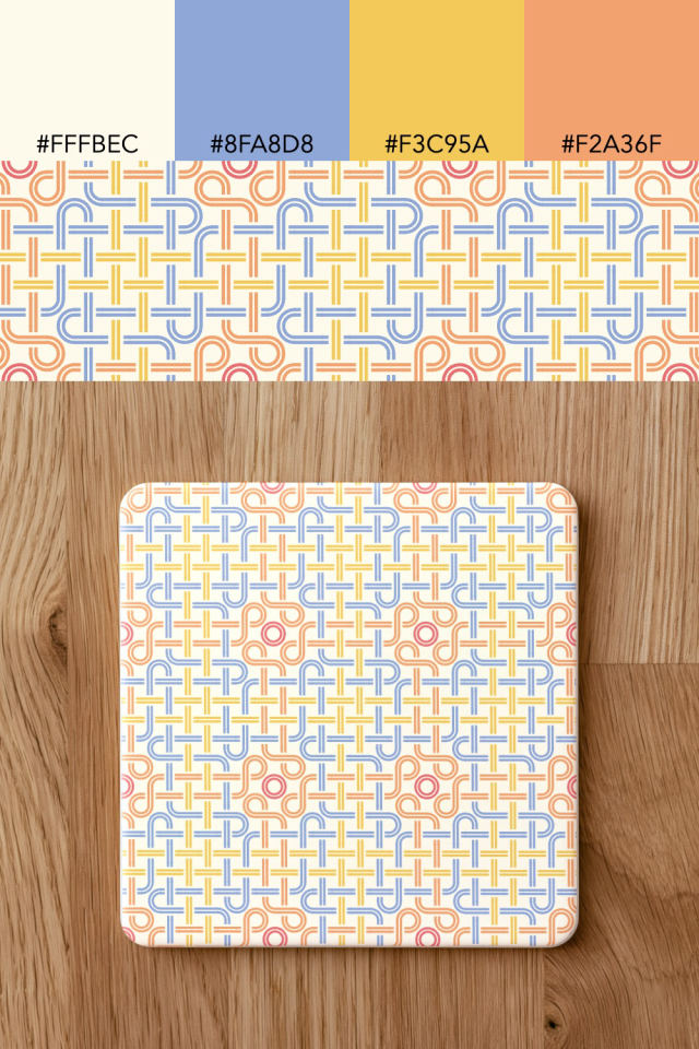 the colors one peachy-rose tile is drawn in, with their hex codes, and the tile printed on a coaster