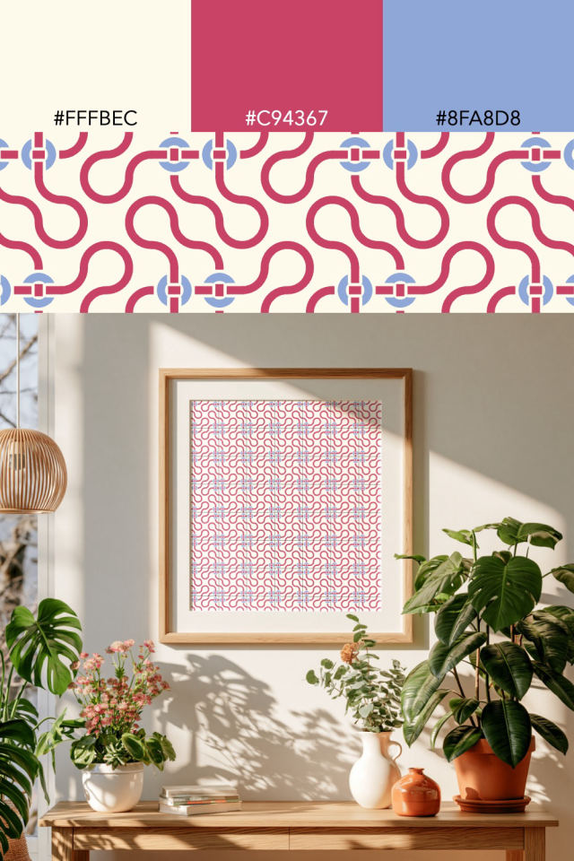 the colors one peachy-rose tile is drawn in, with their hex codes, and the tile printed on a frame