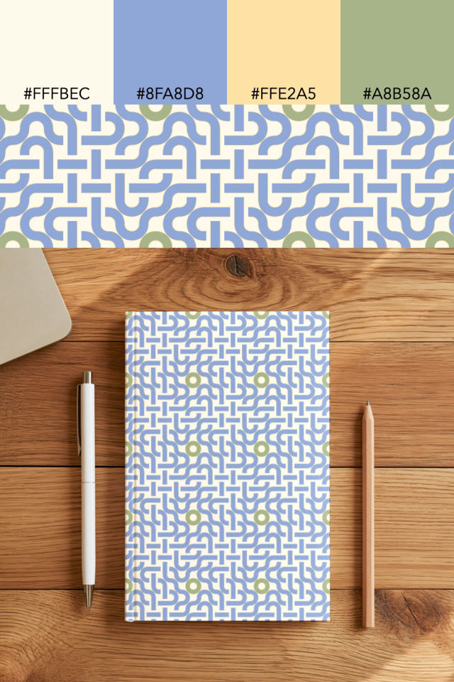 the colors one peachy-rose tile is drawn in, with their hex codes, and the tile printed on a notebook
