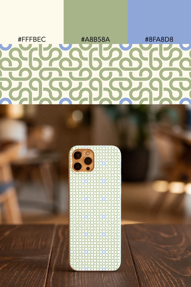 the colors one peachy-rose tile is drawn in, with their hex codes, and the tile printed on a phone case