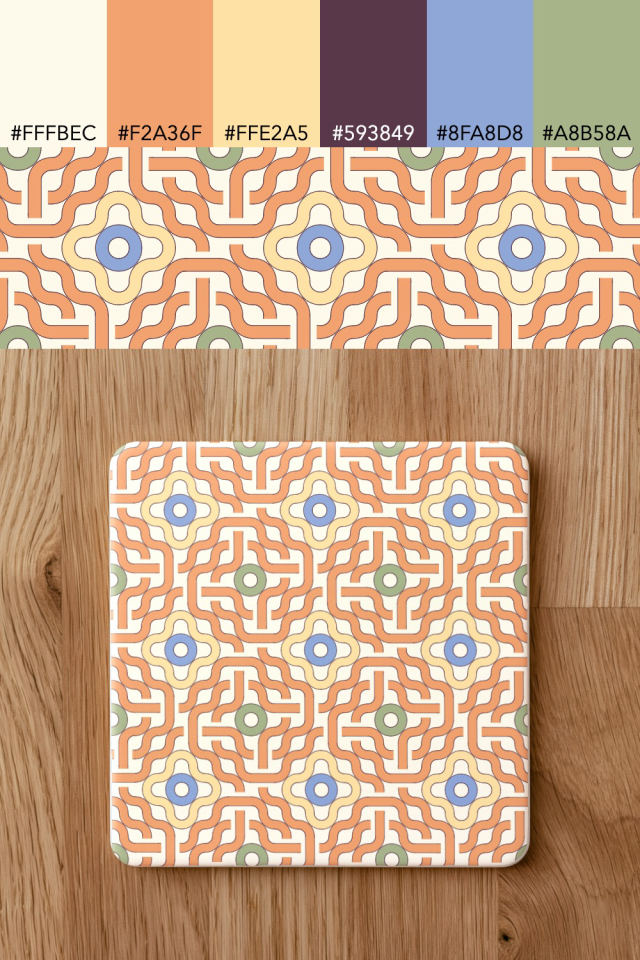 the colors one peachy-rose tile is drawn in, with their hex codes, and the tile printed on a coaster