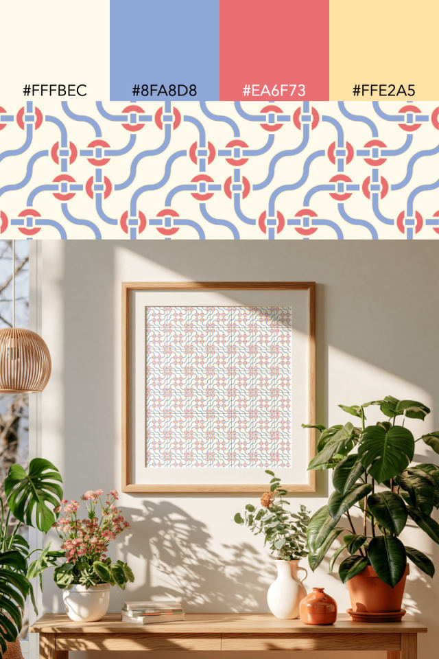 the colors one peachy-rose tile is drawn in, with their hex codes, and the tile printed on a frame
