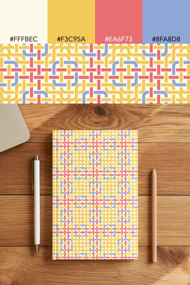 the colors one peachy-rose tile is drawn in, with their hex codes, and the tile printed on a notebook