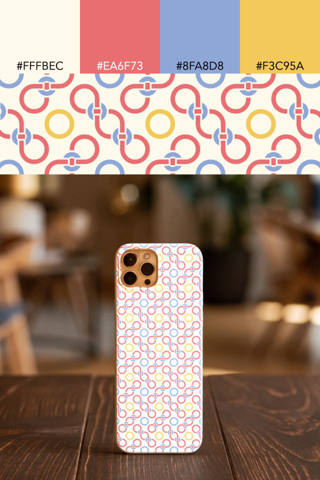the colors one peachy-rose tile is drawn in, with their hex codes, and the tile printed on a phone case